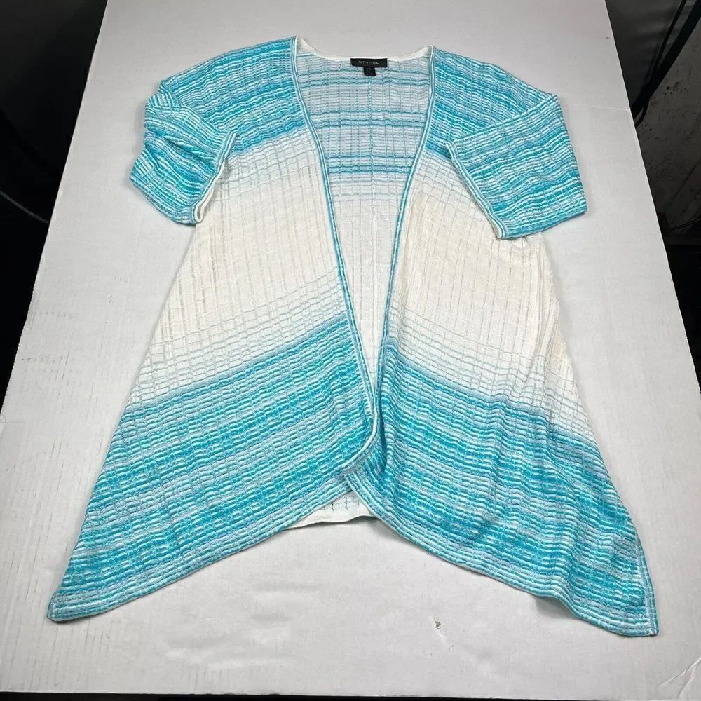 St John Wool Blend Long Cardigan Blue Ivory 3/4 Sleeve Open Front Sweater SMALL